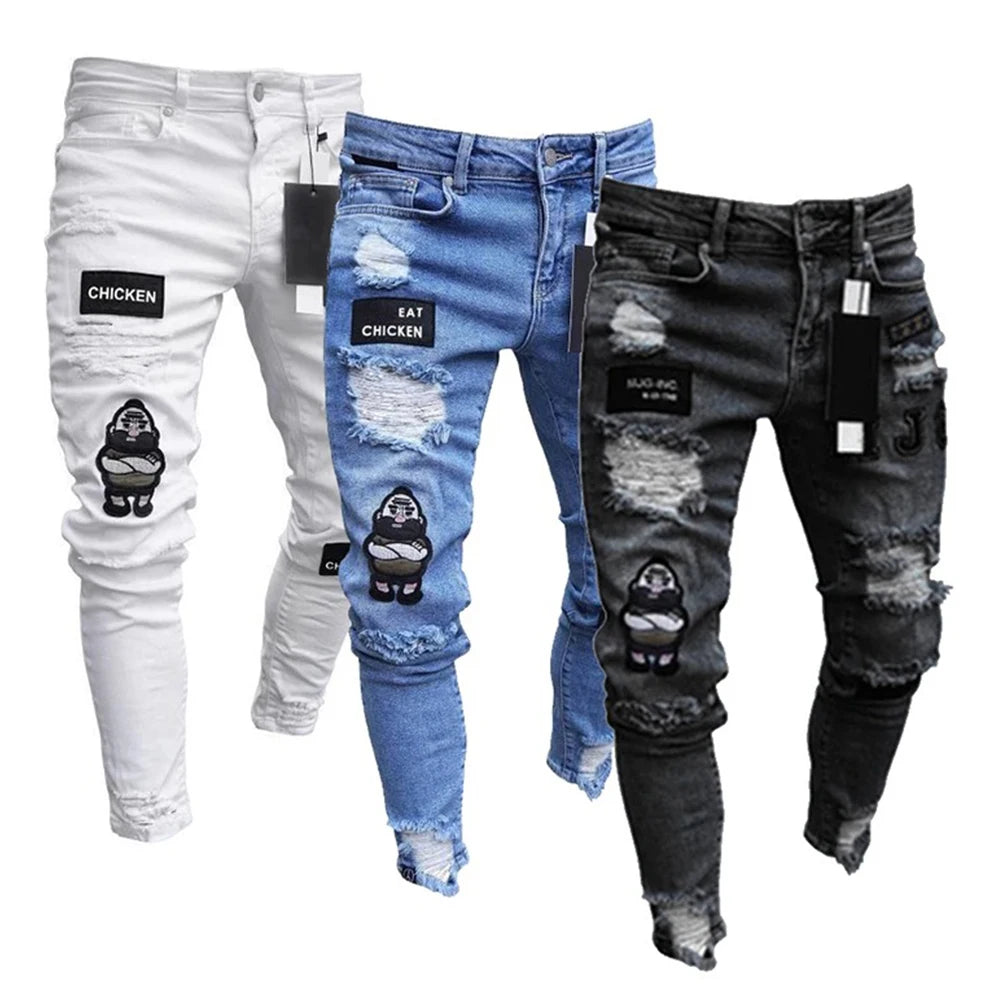 Black Slim-Fit Jeans for Men – High Street Fashion Printing Denim, Stretchy Casual Biker Pants, High-Quality Autumn Wear