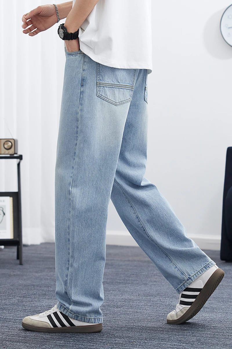 2025 Spring/Summer Men’s Korean-Style Straight Leg Lyocell Jeans – Fashionable, Loose, Lightweight Washed Retro Pants