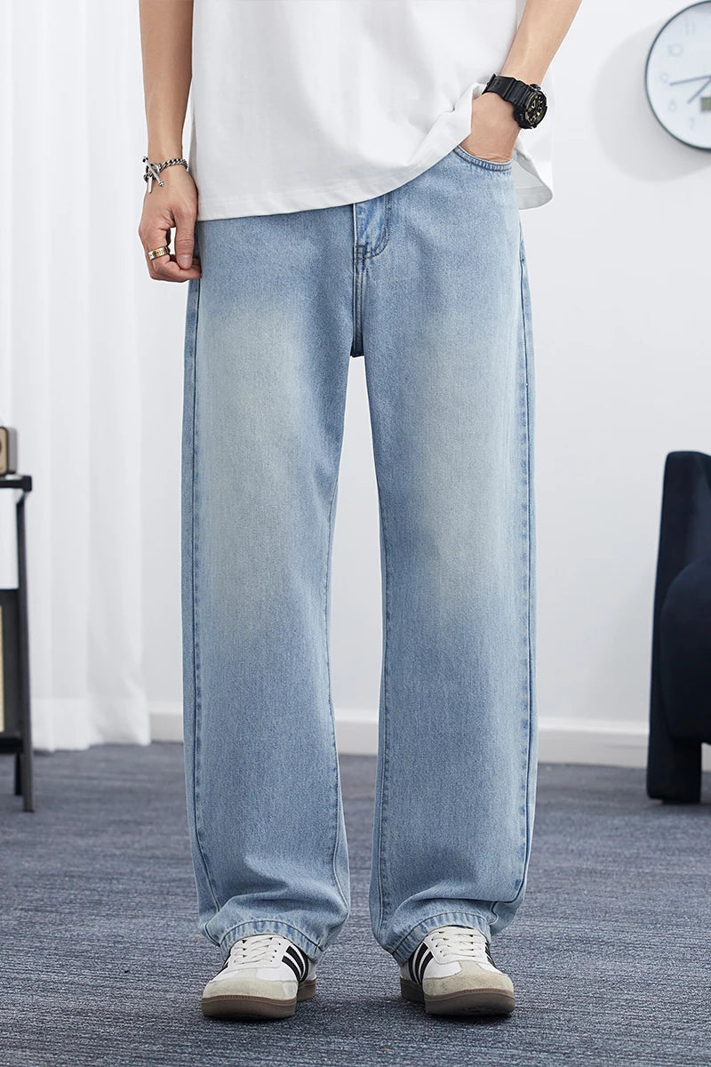 2025 Spring/Summer Men’s Korean-Style Straight Leg Lyocell Jeans – Fashionable, Loose, Lightweight Washed Retro Pants
