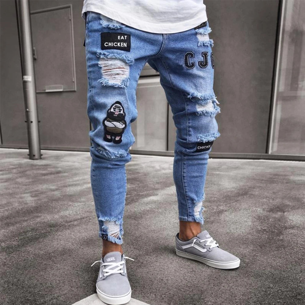 Black Slim-Fit Jeans for Men – High Street Fashion Printing Denim, Stretchy Casual Biker Pants, High-Quality Autumn Wear