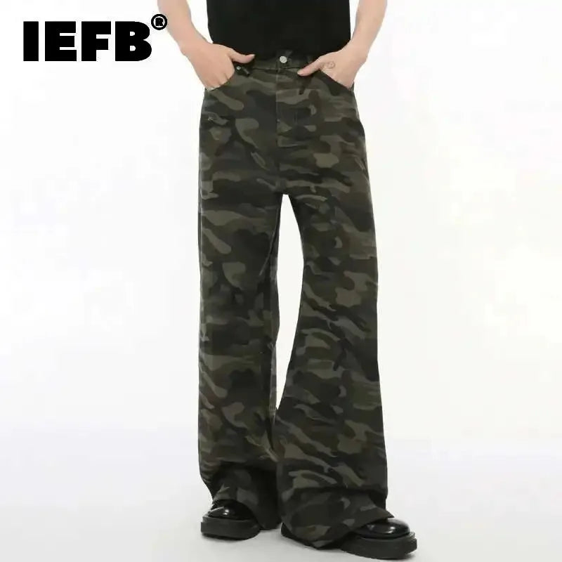 IEFB Vintage Camouflage Men's Jeans – Washed Wide-Leg Denim Pants, Loose Fit Casual Trousers for Autumn/Winter, Old Blue (Model 9C354)