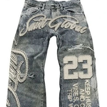 Streetwear Vintage Blue Jeans – Y2K Hip Hop Style with Letter Patch Embroidery, Baggy Mid-Rise Wide-Leg Trousers for Men
