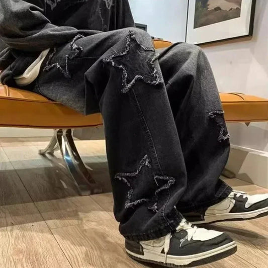 2025 New Fashion Men’s Jeans – Brown Star Embroidery, Y2K Straight Hip-Hop Cotton Trousers Pantalon Homme