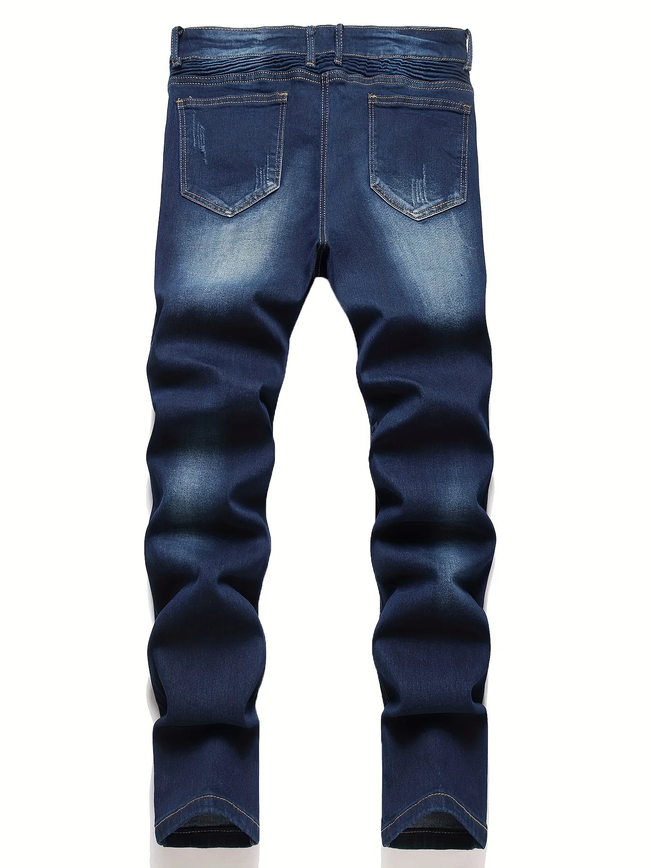 Men’s Ribbed Jeans – Elastic Straight Leg Denim with Washed Distressed Bicycle Style
