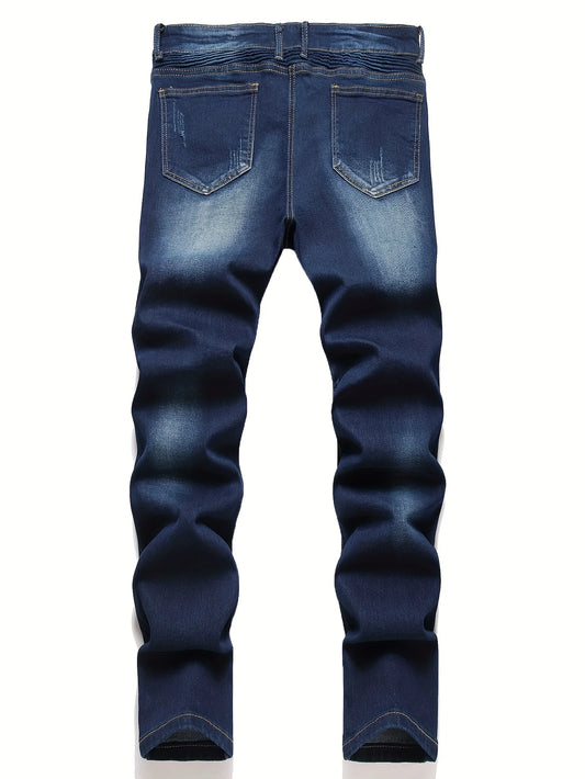 Men’s Ribbed Jeans – Elastic Straight Leg Denim with Washed Distressed Bicycle Style