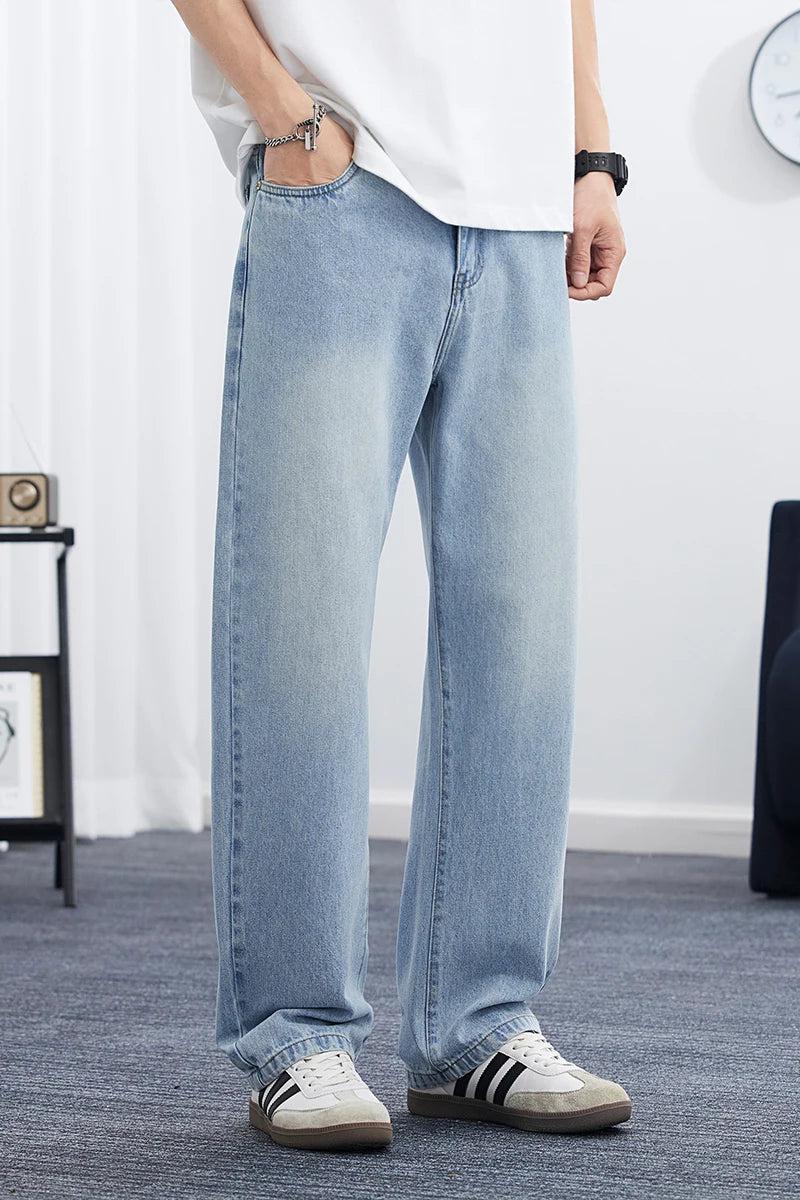 2025 Spring/Summer Men’s Korean-Style Straight Leg Lyocell Jeans – Fashionable, Loose, Lightweight Washed Retro Pants