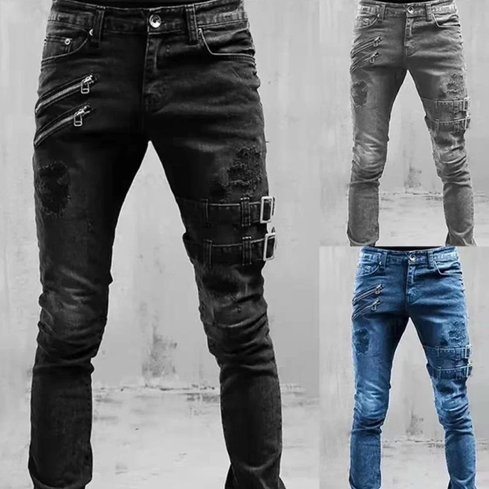 Retro Moto Biker Straight Jeans for Men – Zipper Hole Streetwear Punk Skinny Denim Cargo Pants, Y2K Style