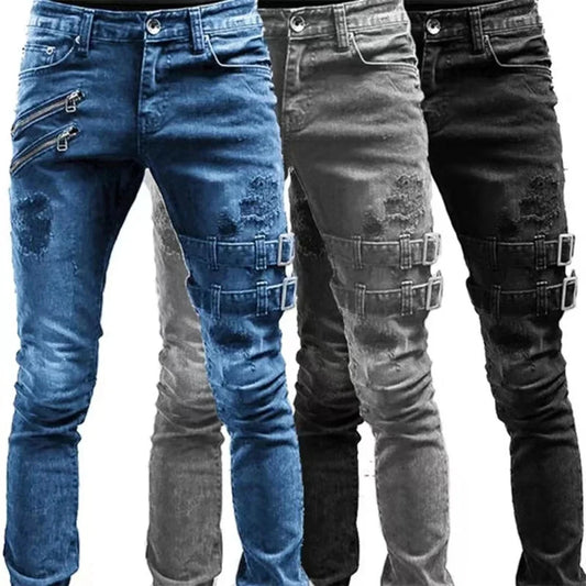 Retro Moto Biker Straight Jeans for Men – Zipper Hole Streetwear Punk Skinny Denim Cargo Pants, Y2K Style