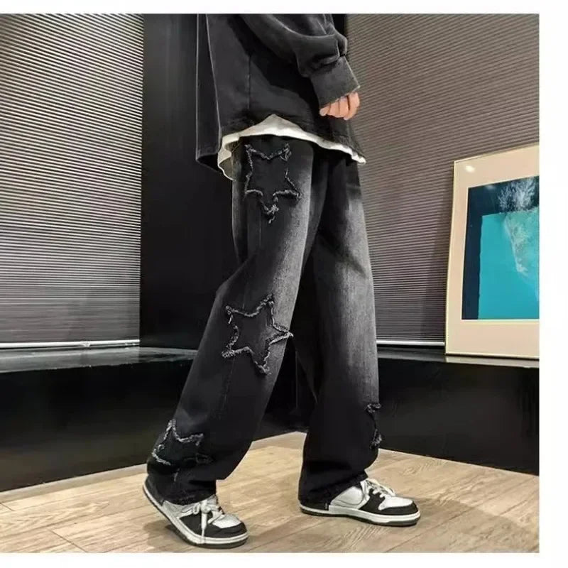 2025 New Fashion Men’s Jeans – Brown Star Embroidery, Y2K Straight Hip-Hop Cotton Trousers Pantalon Homme