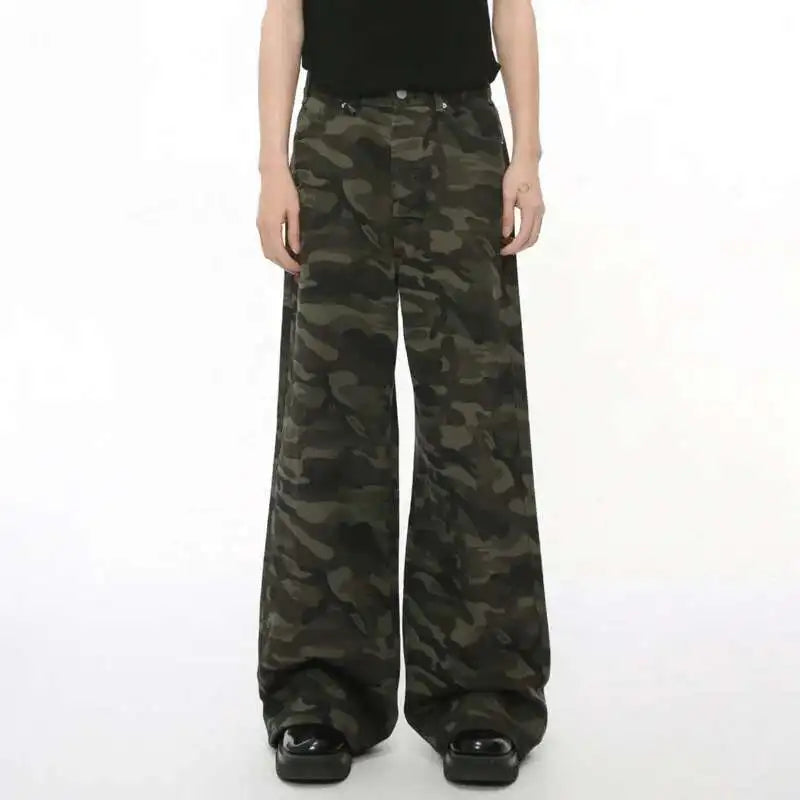 IEFB Vintage Camouflage Men's Jeans – Washed Wide-Leg Denim Pants, Loose Fit Casual Trousers for Autumn/Winter, Old Blue (Model 9C354)